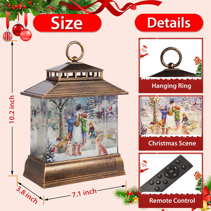 Christmas Snow Globe Lantern Water Glittering Lantern with 8 Songs & 6H Timer Romote Control Christmas Snow Globes USB & Battery Operated for Holiday Festival Decorations Gifts (Snowman and Children)