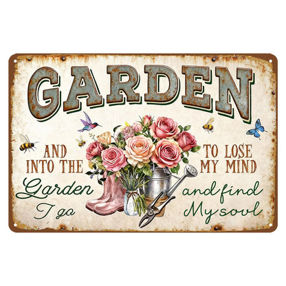 Garden Signs for Outside Gardening Gifts for Plant Lovers Women Metal Garden Tin Sign Wall Art Decor And Into The Garden I Go To Lose My Mind And Find My Soul Sign Funny Flower Yard Signs 8x12 Inch
