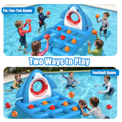 JOSEN Inflatable Pool Toy Set, Fun 2-in-1 Shark Pool Water Games Floating, Giant Tic Tac Toe Game with 10 Balls & Football - Family Pool Party Swimming Toys for Kids Ages 6+ Adults Teens