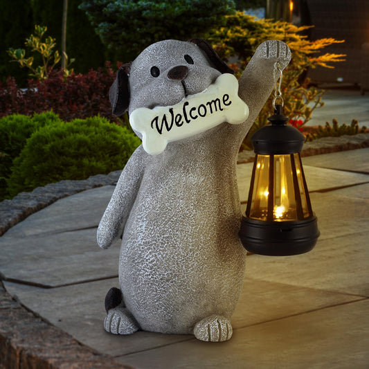 Olekki Solar Dog Garden Statue with Lantern Light – 9.2in Outdoor Dog Figurine for Yard Patio Garden Decor, Cute Memorial Gift for Women Mom