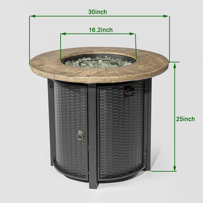 GDFStudio 30" Round Propane Fire Pit Table, 50000 BTU Outdoor Gas Heater with Faux Wood Grain Top & Glass Beads, for Patio Deck Garden Backyard, Black