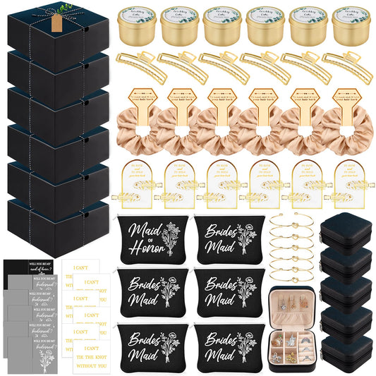 CITYCHALET 73Pcs Bridesmaid Gifts Set of 6 Black,Maid of Honor Proposal Gift Boxes Set,Cosmetic Bag Scented Candle Jewelry Box Metal Hair Clip Knot Bracelet Bachelorette Party Bridal Shower
