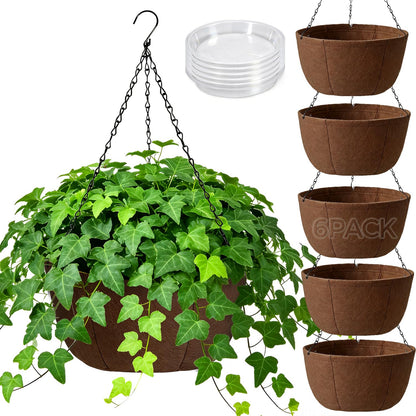 T4U Hanging Planters for Outdoor Plants, 10 Inch 6 Pack Fabric Hanging Baskets with Drainage Tray, Decorative Hanging Pots for Plants Outdoor Patio Porch Garden Use（Brown）