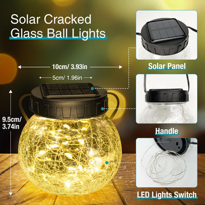 Kolpop Solar Lanterns Outdoor Waterproof 6 Pack, Hanging Solar Lights with 30 LED, Cracked Glass Hanging Globes for Garden Patio Fence Yard Christmas Tree Decoration,Warm White