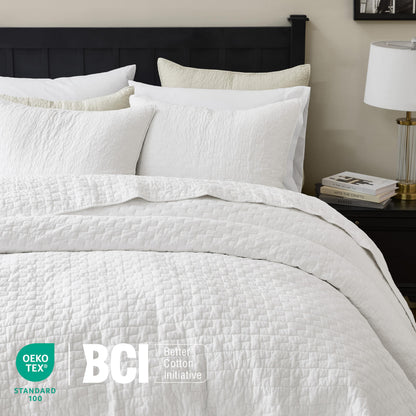 palassio White 100% Cotton Quilt Queen Size Bedding Sets with 2 Pillow Shams, Textured Lightweight Soft Bedspread Shabby Chic Coverlet, Quilted Comforter Bed Cover for All Season, 3 Pieces