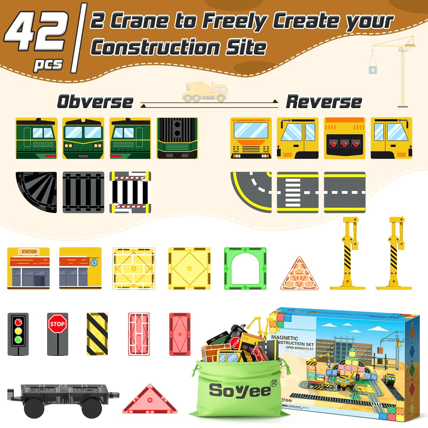 Soyee Magnetic Tiles Magnetic Construction Toys with 2 Cranes Boys Toys for Ages 3-5 5-7 Magnet Building Blocks Chritmas Gifts Boys Sensory Autism Montessori Toys Gift for 3+ Year Old
