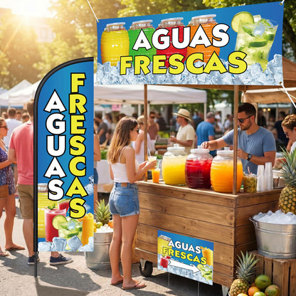 Hahafelt 5 Pcs Aguas Frescas Stand Decor Kit Swooper Feather Flag with Pole Yard Sign and Banner for Outside Advertising Business Lawn Outdoor Decorations