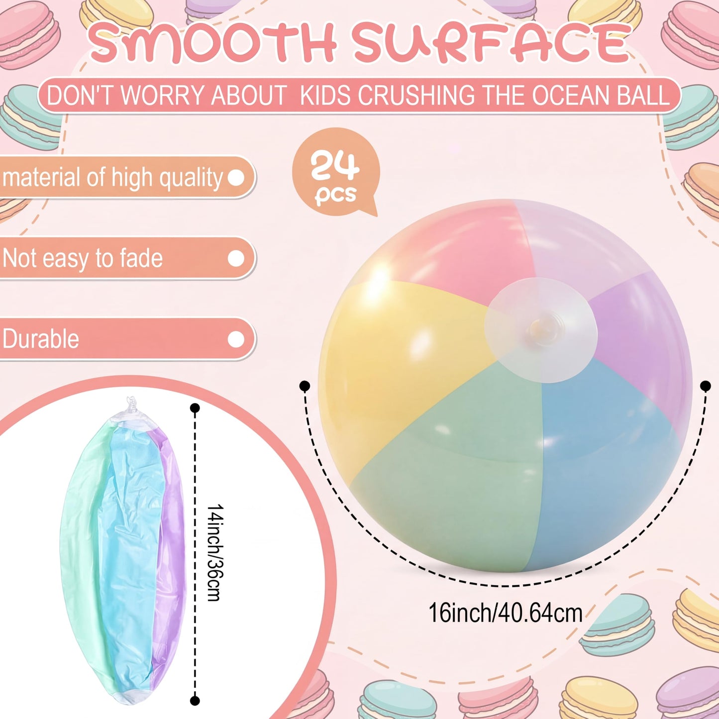 MiniInflat 24 Pcs Inflatable Pastel Beach Balls Bulk for Kids Jumbo Big Macaron Beach Balls for Adults Summer Swimming Pool Water Games Party Favor(16 Inch)