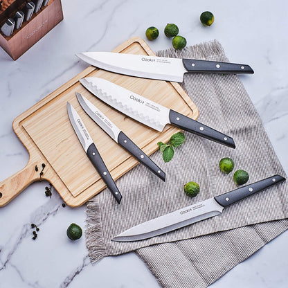 Knife Set with Block, Cookit 15 Pieces Kitchen Knife Set with Pine Block Holder, Knife Block Set with Sharpener, High Stainless Steel Knives with Comfortable-Grip ABS Handles