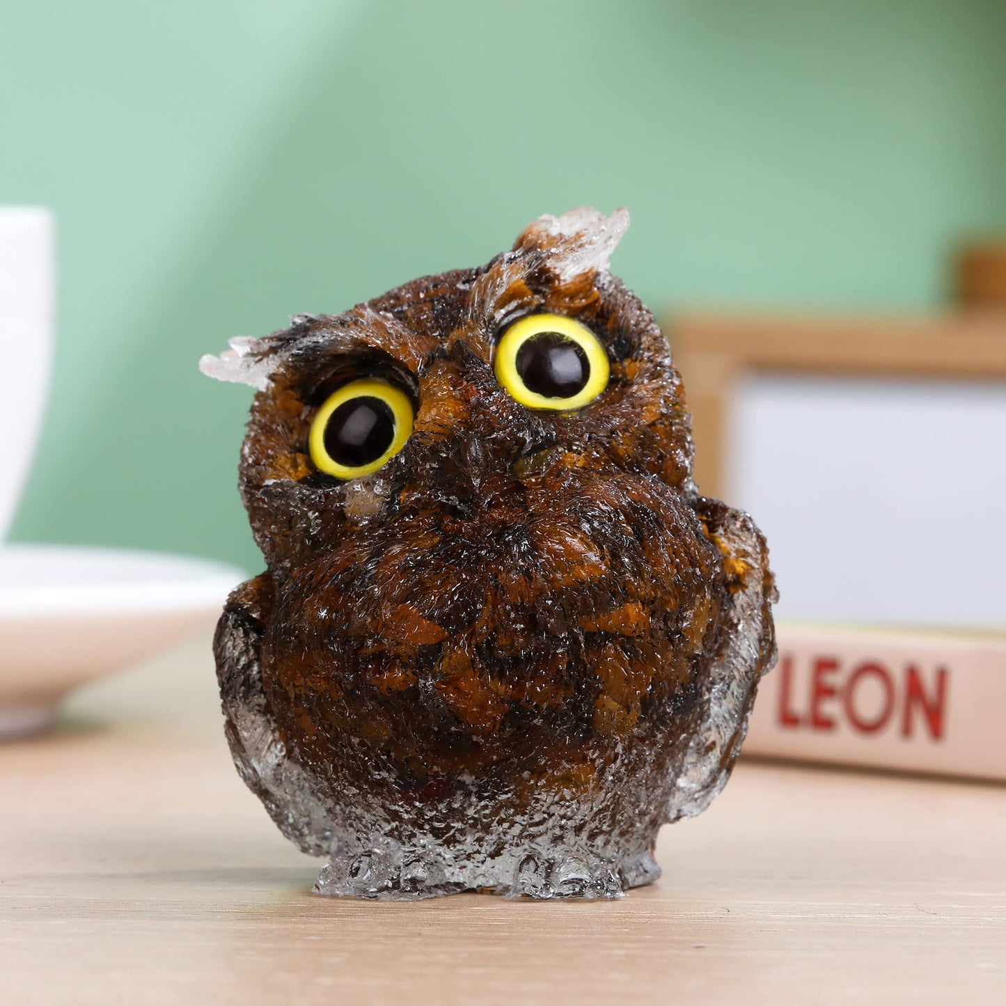Reyife Hand-Carved Natural Crystal Owl Statue Reiki Healing Gemstone Animal Figurines Home Office Car Decoration The Best Gifts 2.4 inches (Tiger Eyes Stone)
