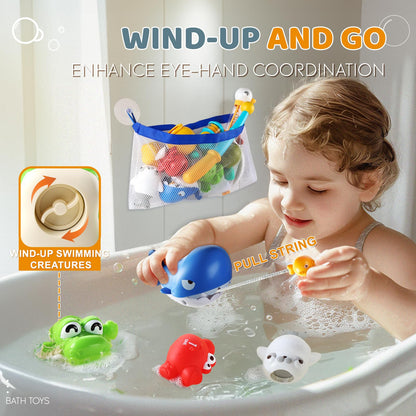 Aprilwolf Bath Toys for Kids, Magnetic Fishing Toys with Storage Bag and Light up Star, Wind Up Creatures Baby Bathtub Birthday Gifts for Toddlers 2-4 Boys Girls, 11 Pcs Set