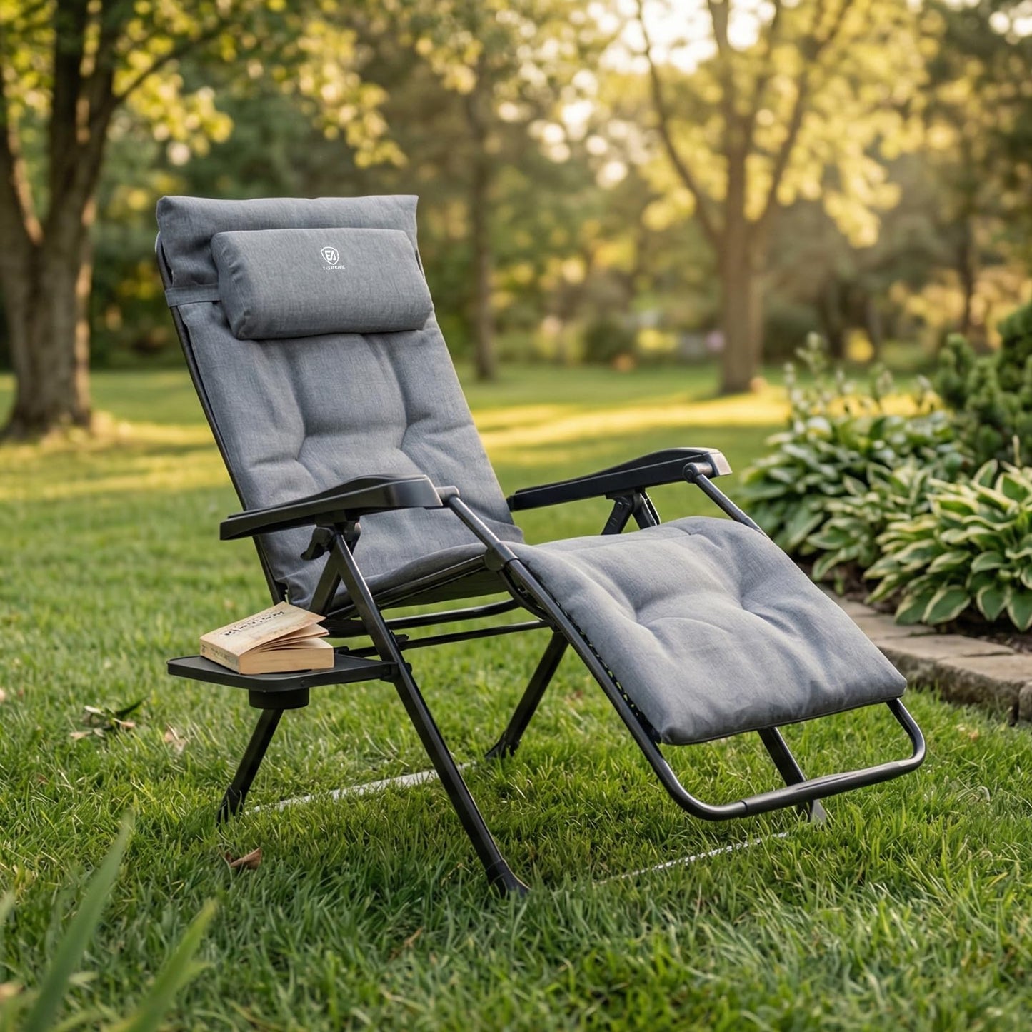 EVER ADVANCED Thick Padded Zero Gravity Chair, Oversized Reclining Lounge Chair with Adjustable Headrest & Cup Holder, Heavy Duty Support 350 lbs, Foldable for Camping, Lawn, Outdoor & Indoor, Gray
