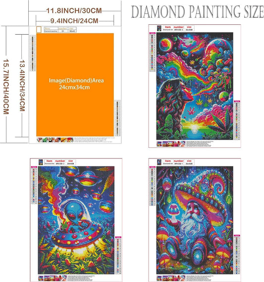 EIBEILI Diamond Art Kits for Adults - 3 Pack Hippie Hippy Alien,Starry Rainbow,Gnome Diamond Painting Kits for Adults,5D Round Full Drill Gem Art,DIY Crafts Kits for Gift Home Wall Decor 12x16inch
