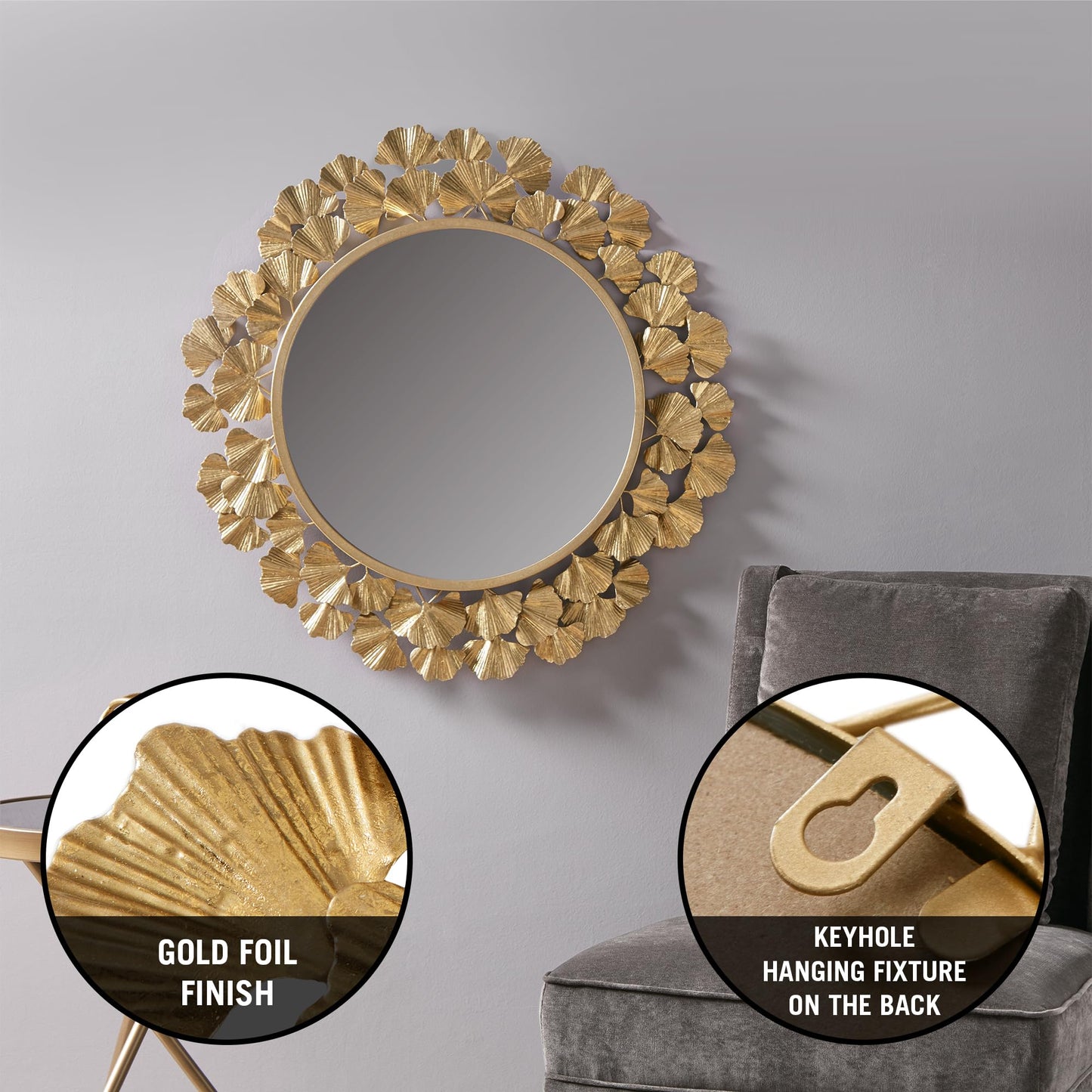 Martha Stewart Wall Décor Large Gingko Leaf Round Wall Mirror for Living Room, Iron Metal Plate Frame Antique Finish, Ready to Hang Bedroom Decoration, Eden, 30.5", Gold
