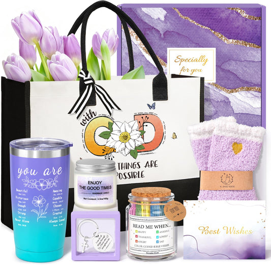 Christian Gifts for Women Faith, Inspirational Religious Gifts for Mom Grandma Wife Sister Friends, Birthday Mother's Day Christmas Gift w/Canvas Tote Bag Bible Verse Jar