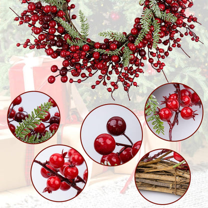 Yawwind 20 Inches Red Christmas Wreaths Farmhouse Christmas Wreaths for Front Door Classic Red Berry Wreath Winter Holiday Wreath with Fir Pine Needle for Doors Window Indoors Porches Outside