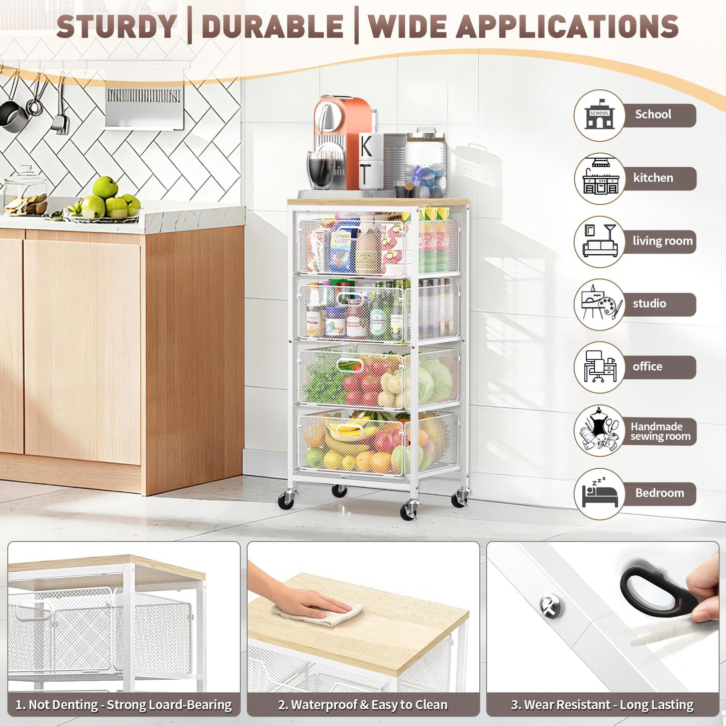 SUNALLY Rolling Kitchen Cart with Drawers, 4-Tier Utility Cart Fruit Vegetable Storage Cart with Lockable Wheels, Wooden Top Metal Kitchen Storage Organizer for Cans, Snacks, Beauty, Craft, Art, White