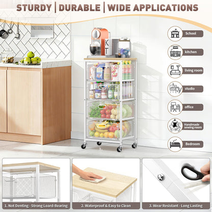 SUNALLY Rolling Kitchen Cart with Drawers, 4-Tier Utility Cart Fruit Vegetable Storage Cart with Lockable Wheels, Wooden Top Metal Kitchen Storage Organizer for Cans, Snacks, Beauty, Craft, Art, White