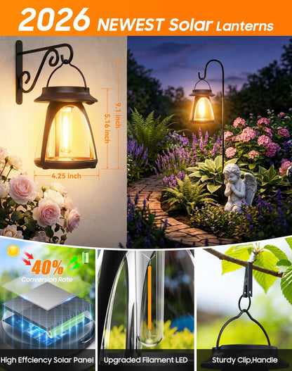 Bucasa Solar Lanterns Outdoor 2 Pack, Hanging Solar Lights Waterproof IP65, 8-14h Long time Warm Light, 2 Modes Solar Powered Modern Lantern/Lamp for Garden Patio Yard Decor, Gifts for Mom, Old Men