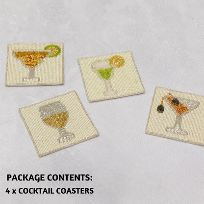 Folkulture Coasters Set of 4 (4")| Beaded Cocktail Handmade Square Drink Coasters for Coffee Table & Bar | Boho Home & Party Décor | Hand-Crafted Cute Coasters for Housewarming Gifts