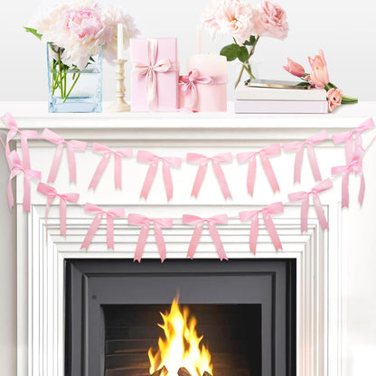 2pcs Pink Bow Garland Banner, Satin Ribbon Decorations for Coquette Theme Birthday and Bridal Shower Party Decor (Bow)
