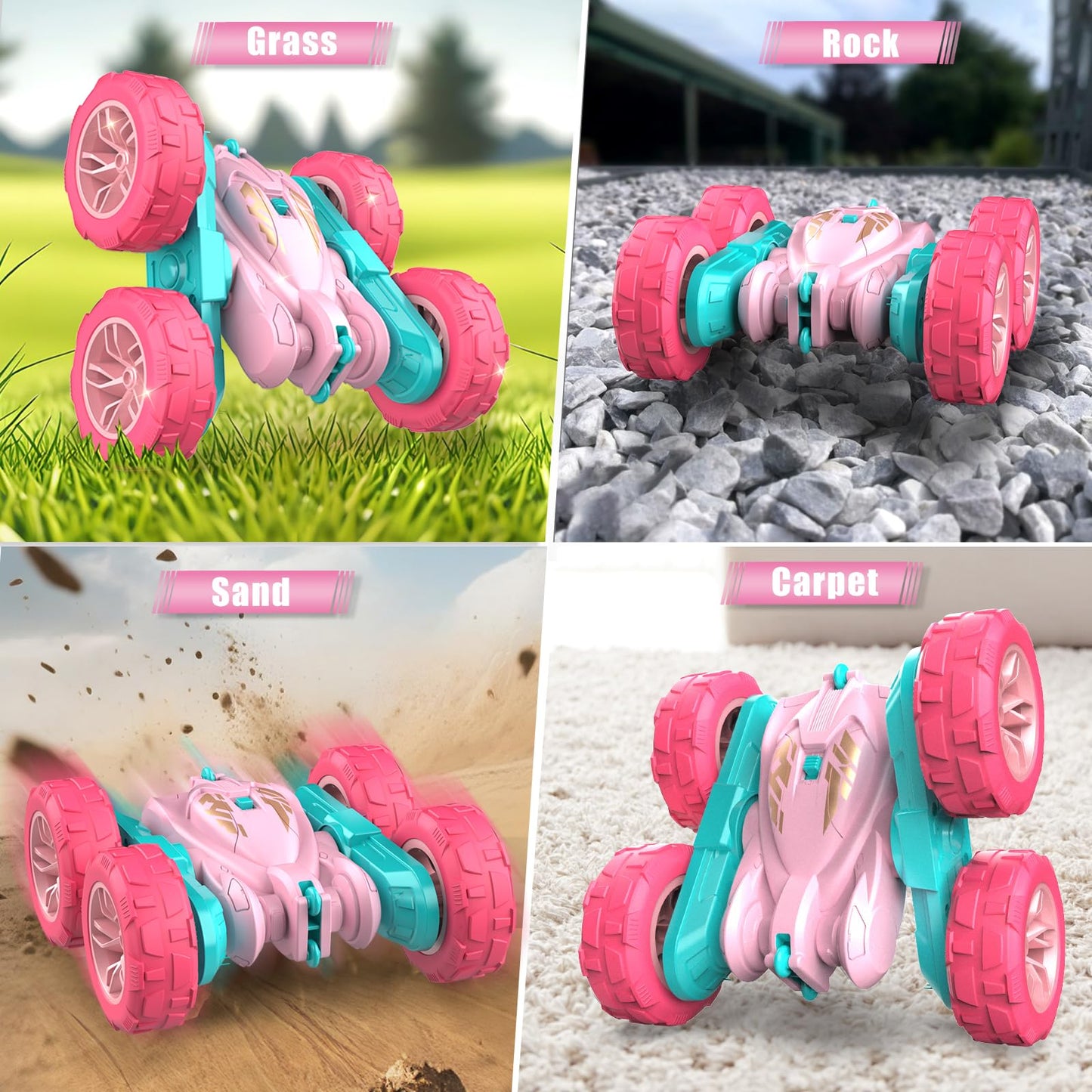 RacingFun Pink Remote Control Car for Girls，2.4 Ghz Double Sided RC Cars 360° Rotating Remote Control Crawler with USB-C Easy Charging Car Toys for 4 5 6 7 8 9 10 Girls Birthday Gift Grandkids