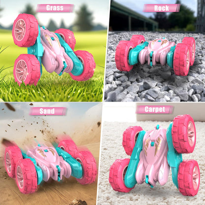 RacingFun Pink Remote Control Car for Girls，2.4 Ghz Double Sided RC Cars 360° Rotating Remote Control Crawler with USB-C Easy Charging Car Toys for 4 5 6 7 8 9 10 Girls Birthday Gift Grandkids