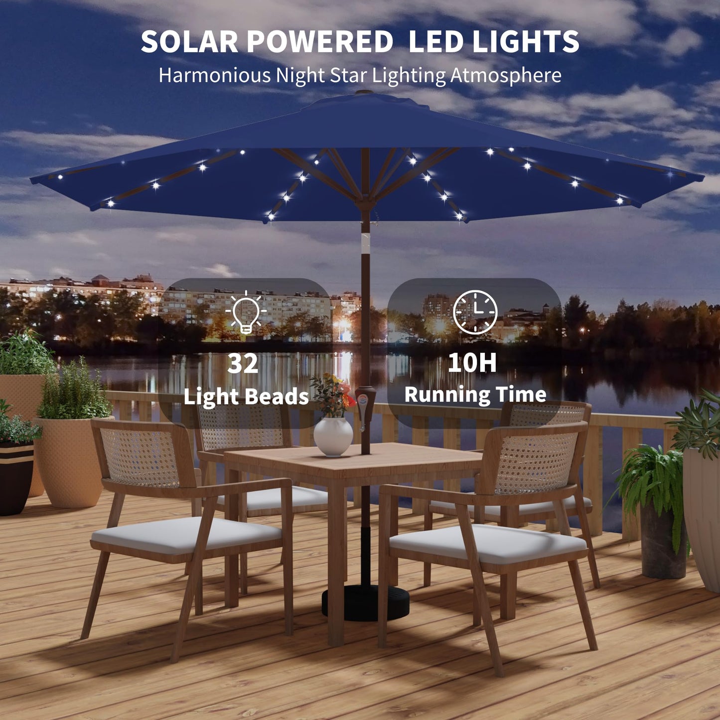 Kingdura 9FT Outdoor Patio Umbrella with Solar Lights, Market Table Umbrella with Push Button Tilt & Crank, 8 Sturdy Ribs, 32 LED Lights, UV Protection for Garden Lawn Deck Backyard Pool (Navy blue)