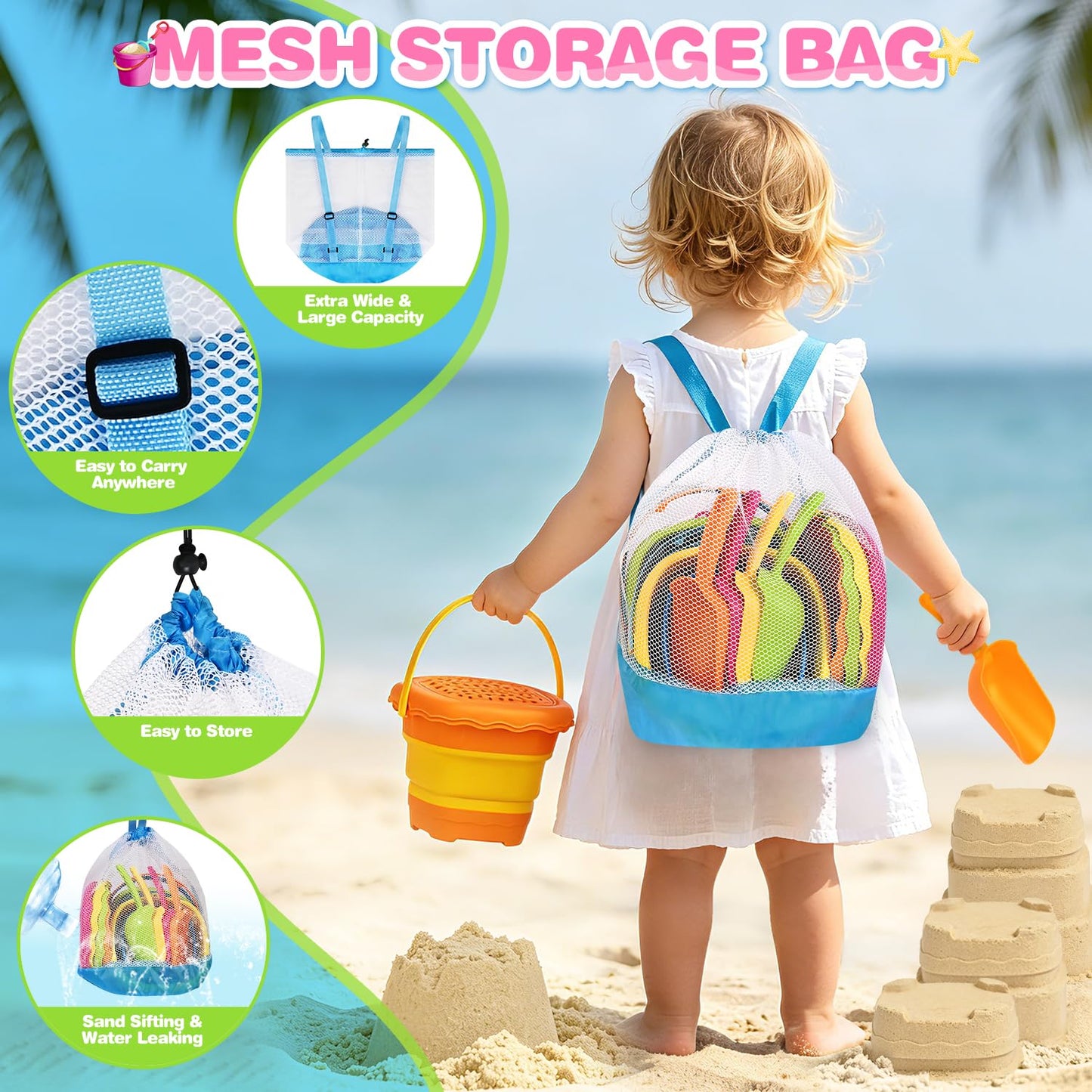 SpringFlower Beach Toys for Kids,Sand Toys for Toddlers with Collapsible Beach Buckets & Shovels Set,Travel Sandbox Toys for Toddlers Gifts Boys Girls Summer Outdoor Toys