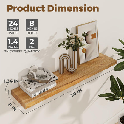Axeman 36 inch Floating Shelves for Wall - 8'' D Live Edge Rustic Solid Elm Wood Floating Shelves Wall Mounted, Wall Shelves with Invisible Bracket for Living Room Bedroom Kitchen, Set of 2 Natural
