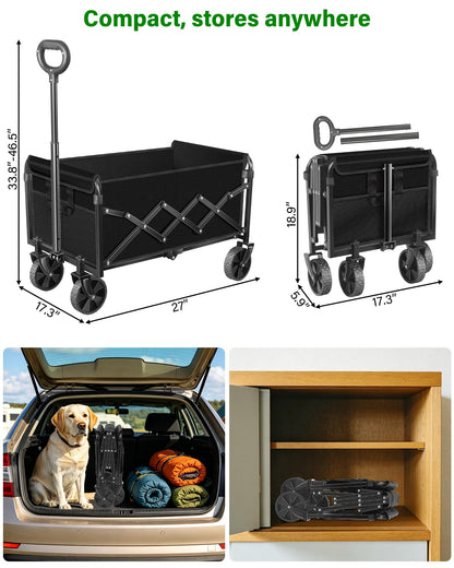 Collapsible Wagons Carts Foldable Wagon, Foldable Wagon Cart with Wheels, Folding Wagons for Beach Camp Sports Garden, 2 Cup Holders/Lightweight Portable/Black/360 LBS