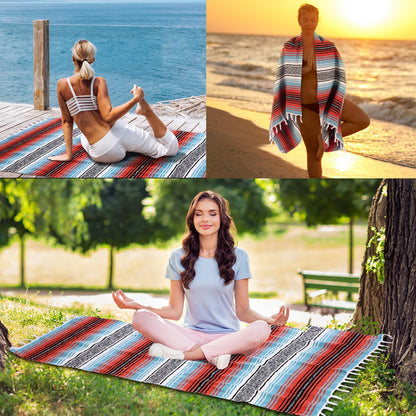 Oudain Mexican Blanket Woven Authentic Cotton Falsa Throw 45 x 70 Inch – Authentic Baja Serape Saddle Blanket Outdoor for Restorative Yoga, Beach, Picnic, Couch, Car Travel(Boho Festival)
