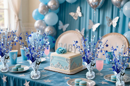 FUBININA 6 Pack Metallic Foil Spray Centerpiece Star Table Decoration Burst Table Centerpieces for Birthday Wedding Anniversary Graduation Holiday Party Supplies Decor, Silver Blue