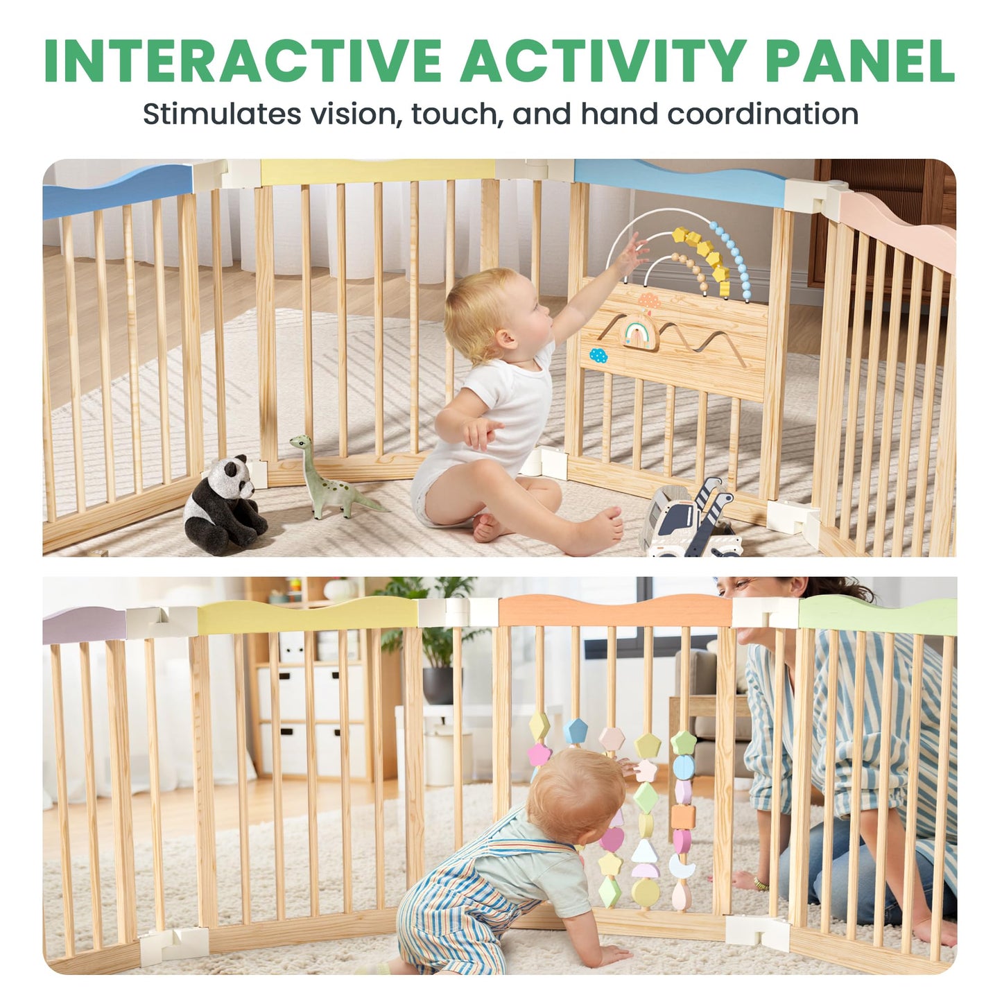 Foldable Wooden Baby Playpen - Adjustable Wood Play Yard, Indoor Large Safety Fence for Babies and Toddlers - No Door Design, 45 x 45 x 24 inches, Pastel Dream