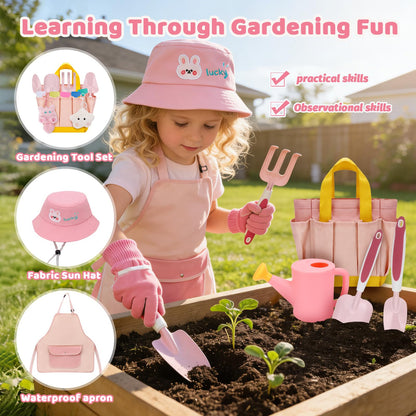Kids Gardening Tools Set,Gardening Tools for Kids,Toddler Gardening Tools with Gloves, Watering Can, Metal Shovel, Rake, Spade & Storage Bag, Garden Book and More Educational STEM Learning for Girls