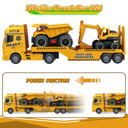 lonfypeng 3-in-1 Construction Truck Toy for Ages 3-6 – 25.6 Inch Extra-Large Semi-Truck with Lights & Sounds, Detachable Excavator and Light & Sound Dump Truck, Inertia Vehicle Set