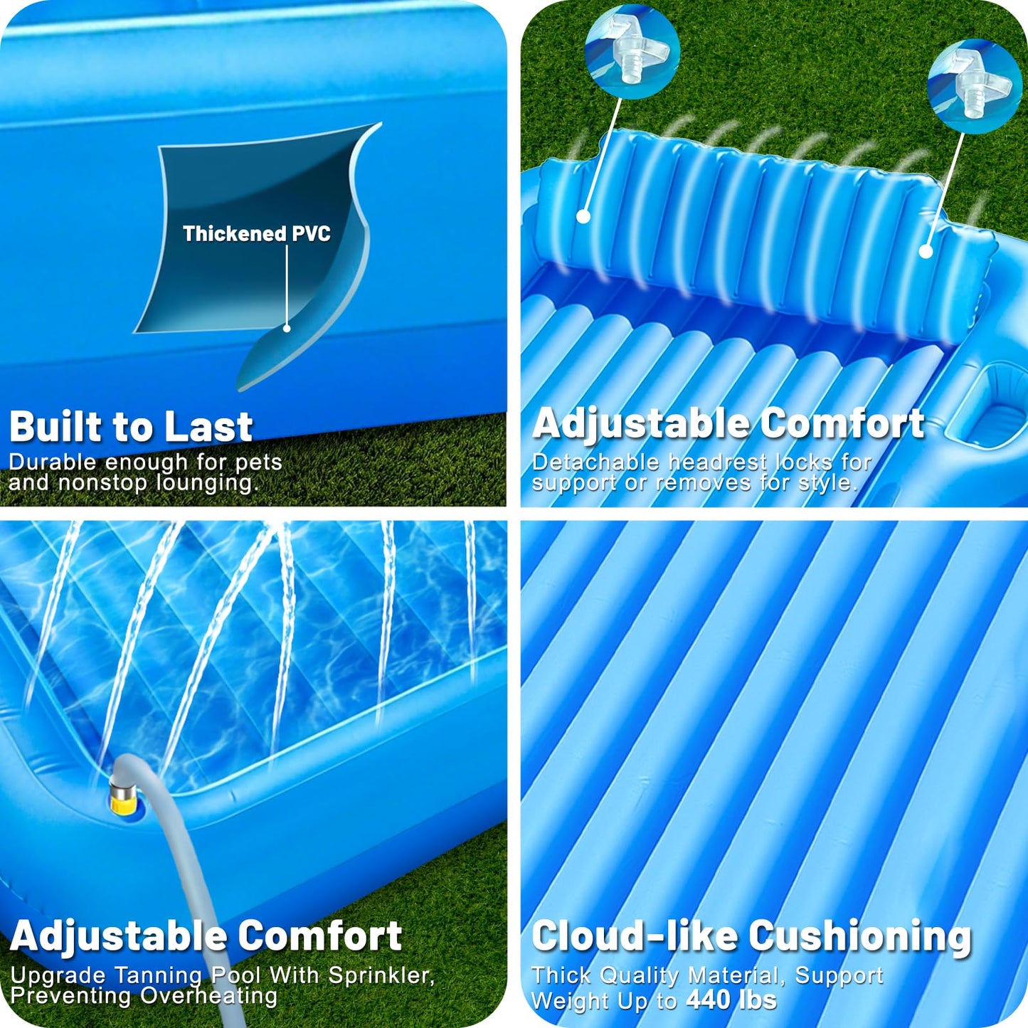83"x63" Extra Large Inflatable Tanning Lounger Float with Sprinkler,2-Person Pool Float Adults with Backrest,Cup & Food Holder Blow Up Tanning Bed for Summer Beach Pool Party(Extra Large-Blue)