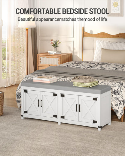 Hzuaneri Shoe Storage Bench, 2 Tier Shoe Bench with Padded Seat Cushion & 4 Barn Doors, Entryway Bench with Adjustable Shelf, Farmhouse Shoe Cabinet for Living Room, Bedroom, White SB31203GY