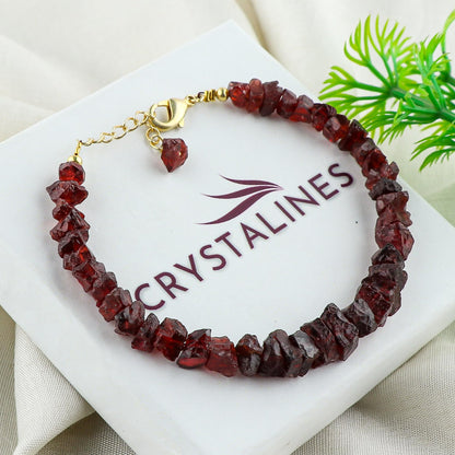CRYSTALINES Natural Raw Red Garnet Gemstone Bracelet, Rough Stones, Handmade Bohemian Jewelry, Chakra Healing Crystals, 14K Gold Plated, January Birthstone, Christmas Gift (Size-7+1inch)