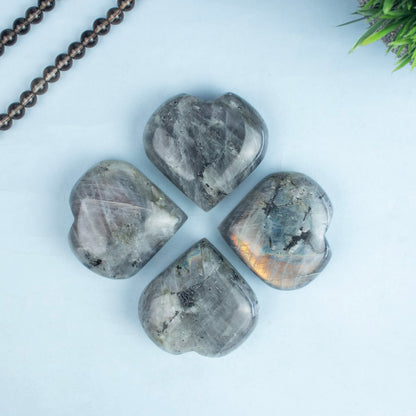 Crocon 50mm Purple Labradorite Heart stone Big Heart Shape Puff Stones Set 450+ Carats Pocket Crystal Healing Tumble Collection Palm Worry Stone Good Luck Charm Meditation Gift Craft Home Decor