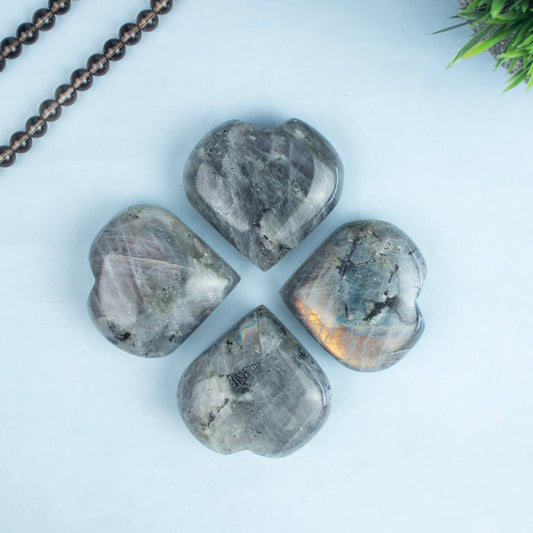 Crocon 50mm Purple Labradorite Heart stone Big Heart Shape Puff Stones Set 450+ Carats Pocket Crystal Healing Tumble Collection Palm Worry Stone Good Luck Charm Meditation Gift Craft Home Decor