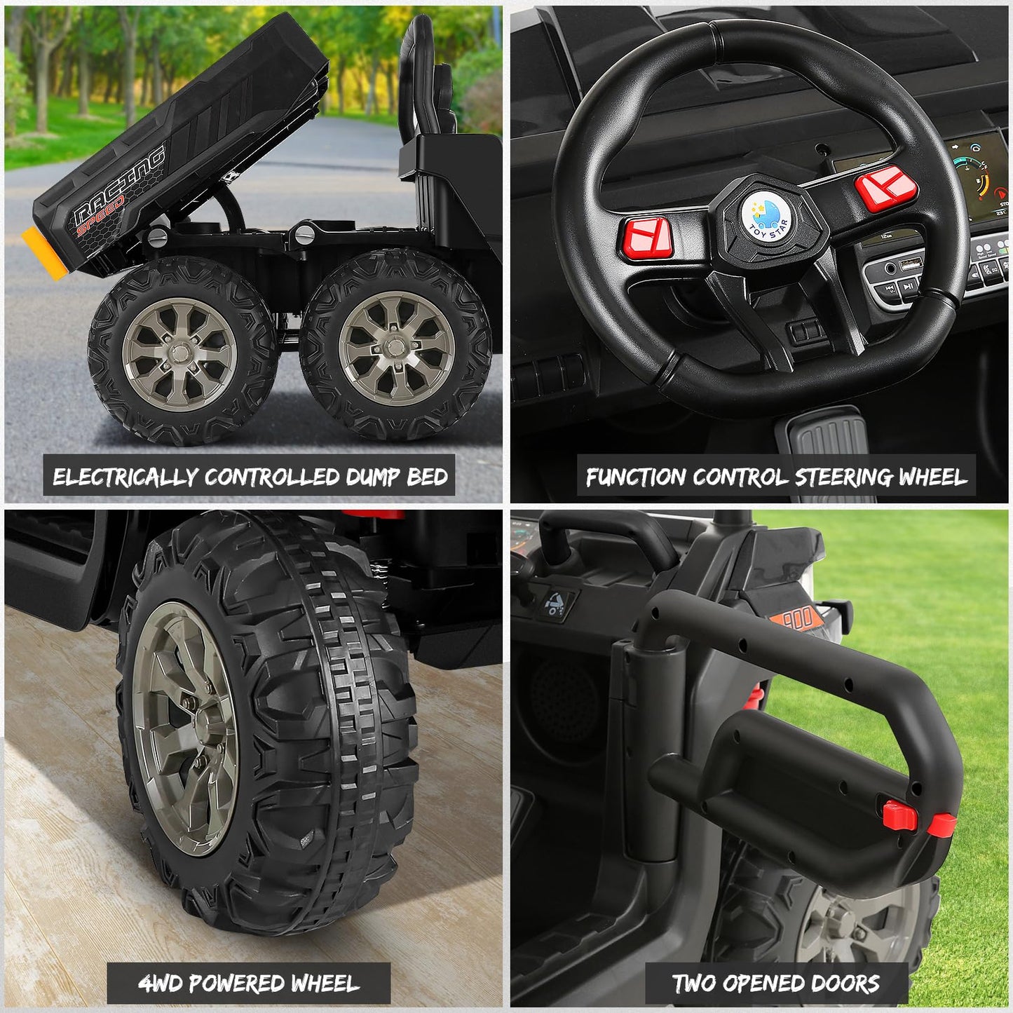 Hikole 2 Seater Ride on Car with Remote, 24V Kids Electric Cars w/Dump Bed, 6 Suspension, 4WD, 3 Speeds, Music, Storage Trunk-6x6 Ride On UTV Truck for Big Kids Boys Girls Age 3-8, Black