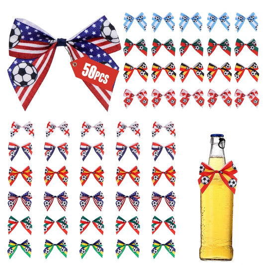 50-Pcs World Cup Football Game Mini Bow for Double Sided Tape for Gift Festival Decor,Self-Adhesive Bows, World Cup Soccer Bow Decor, Foot Ball Ribbon Bows,Gifts Crafts 3.5"×3.5”(Colorful)