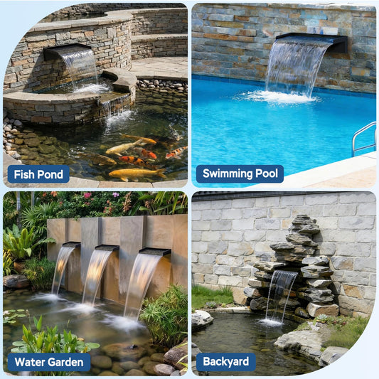 VCRAZE All-in-1 Pond Waterfall Kit with LED Light, 18-inch Stainless Steel Spillway with 800GPH Pump Filter Box, 3-Stage Filtration Outdoor Waterfall for Water Feature, Garden, Backyard, Pool