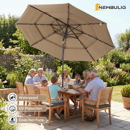 NEWBULIG 10FT 3 Tiers Solar LED Lights Patio Umbrella, Outdoor Umbrella Adjustable Angles and Height, UV Resistant, for Day, Night, Shading, Camping, pool and Patio