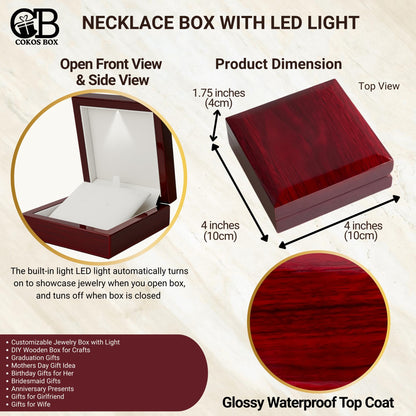 Necklace Box with LED Light – Small Jewelry Display Case for Bracelet, Earrings, or Chains – Luxury Lighted Wooden Presentation Box for Gifts, DIY Crafts, Mahogany, White Interior