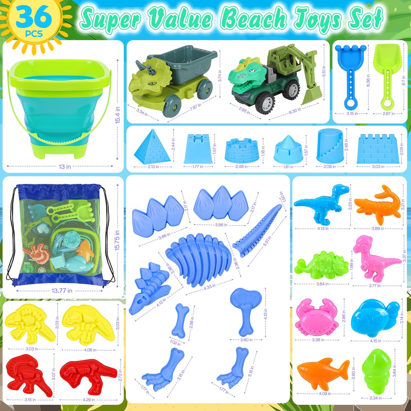 Beach Toys, 36Pcs Dinosaur Sand Toys for Kids Toddlers, Sandbox Toys with 2 Truck, Collapsible Beach Bucket, Mesh Bag, Sand Molds, Sand Castle Building Kit, Travel Beach Toy for Kids Toddlers Ages3-12