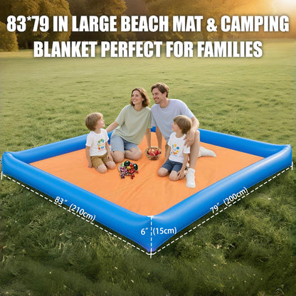 ROMIVO Beach Blanket, Large Beach Blanket Sandproof, 79"x83" Beach Mat for Family, Beach Mats with Pillow, Camping Sleeping Mat Portable Outdoor with Side Walls, Beach Essentials (Blue-Orange)