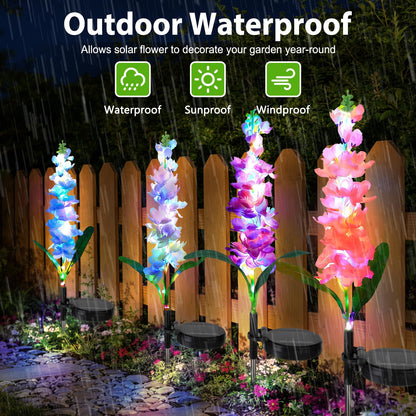 4 Pack Color Changing Solar Lights Outdoor Waterproof, Solar Delphinium Flower Stake Lights Auto ON/Off Solar Garden Lights for Spring Lawn Pathway Landscape Birthday Gifts for Mom Women Grandma