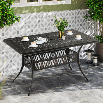 DWVO Cast Aluminum Outdoor Dining Table, 59'' Patio Table w/Max Bearing 220 LBS, Patio Dining Table with 2" Umbrella Hole and Adjustable Foot Pads for Garden, Backyard, Deck and Patio, Bronze